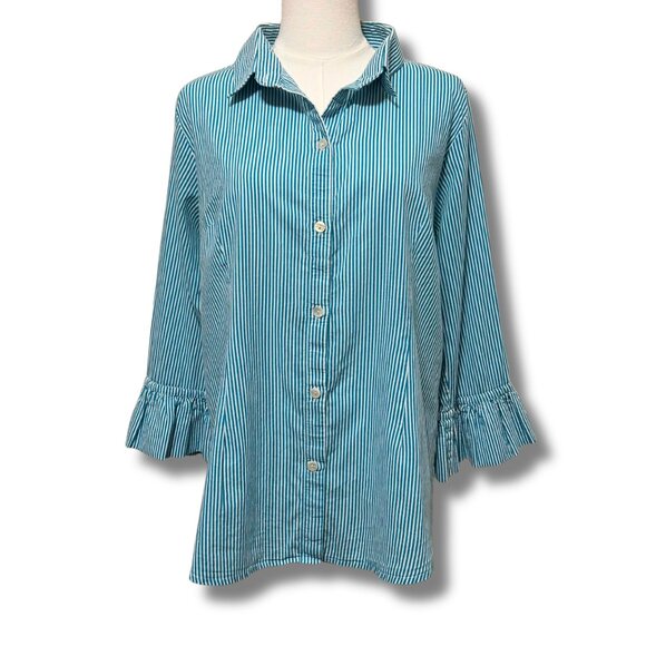 Gretchen Scott Ruffle Sleeve Priss Blouse – Striped Coastal Chic Top Size XL - Picture 1 of 5